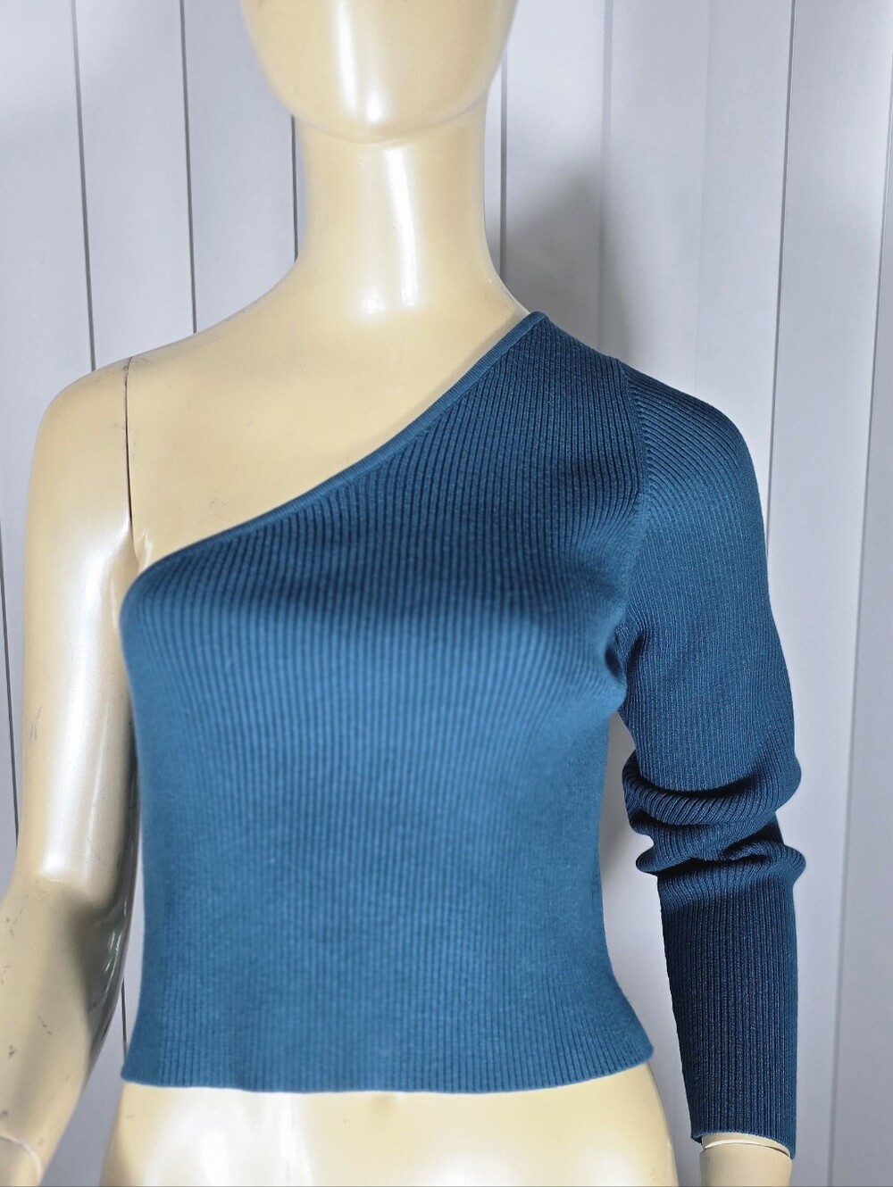 Asymmetric Off-the-Shoulder Ribbed Sweater - Teal